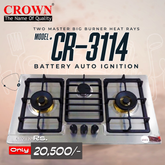 Crown CR-3114 Built-In Gas Hob – 3 Burner Stainless Steel Cooktop with Auto Ignition